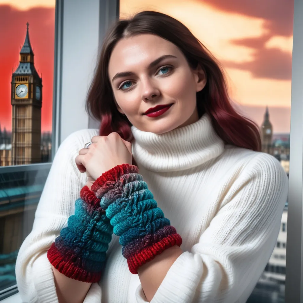 Prompt: Lady in the CAD office wearing chenille knitted wrist  in teal blue and red gradient, next to the window with London city and Big Ben view