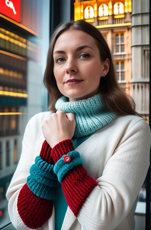 Prompt: Lady in the CAD office wearing chenille knitted wrist  in teal blue and red, next to the window with London city and Big Ben view