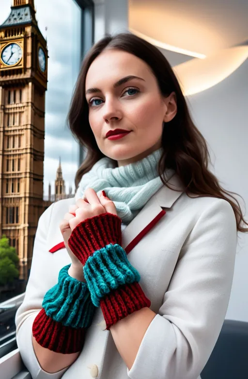 Prompt: Lady in the CAD office wearing chenille knitted wrist  in teal blue and red, next to the window with London city and Big Ben view