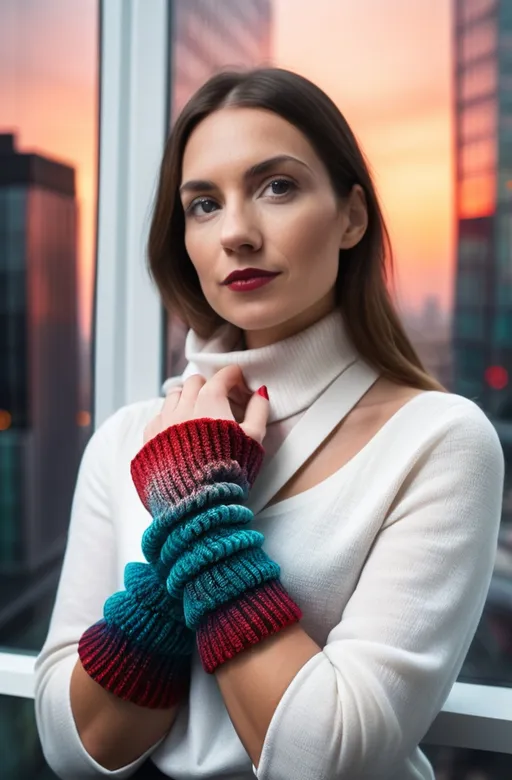 Prompt: Lady in the CAD office wearing chenille knitted wrist  in teal blue and ombre red, nwxt to the window with London city view