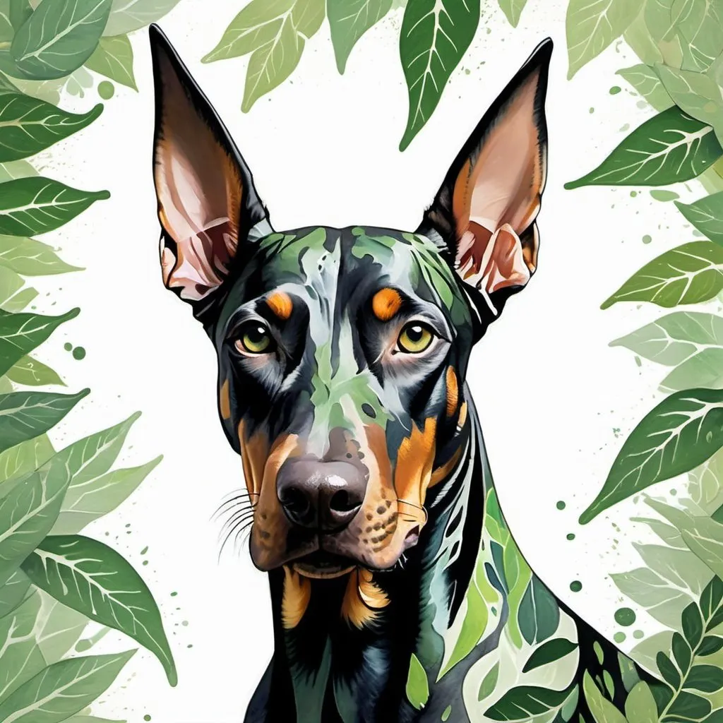 Prompt: painterly style oil painting on a textured canvas of a Dobermann head made of green leaves giving it an appearance of being a living breathing plant. The leaves are densely packed with varying shades of green. The background is white with subtle watercolor-like splatters and streaks.  The dog's ears are pointed upwards and its whiskers are delicately drawn. The overall composition is both tribal and serene with the dog's gaze appearing proud