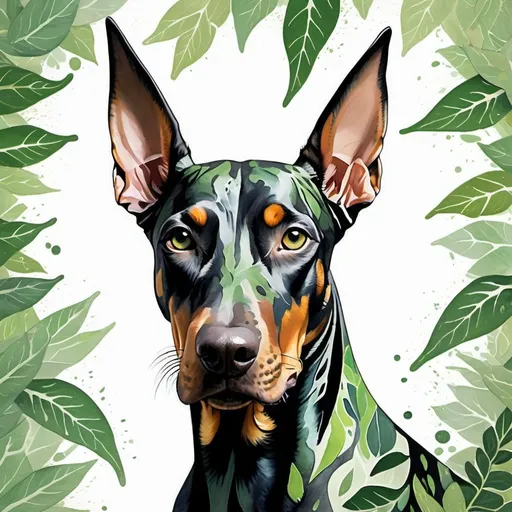 Prompt: painterly style oil painting on a textured canvas of a Dobermann head made of green leaves giving it an appearance of being a living breathing plant. The leaves are densely packed with varying shades of green. The background is white with subtle watercolor-like splatters and streaks.  The dog's ears are pointed upwards and its whiskers are delicately drawn. The overall composition is both tribal and serene with the dog's gaze appearing proud