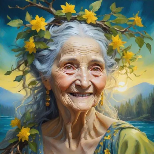 Prompt: An oil painting with broad strokes style ,close up, fairy-like, fantasy, create a majestic and magic old woman's relaxed face smiling from a fairy tale with many tree branches instead of hair, She has intertwined branches on her head with little yellow flowers and green leaves, she has a skin made of white porcelain, her eyes are hazel glow. background is in a deep blue water with ethereal light, sunrays from the top