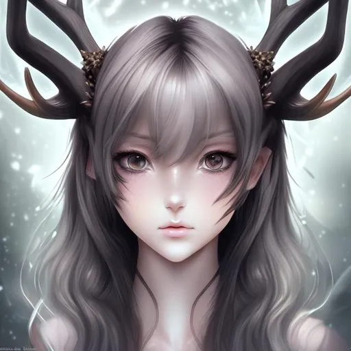 Prompt: a beautiful digital drawing of an anime woman with deer-like features, symmetrical, portrait