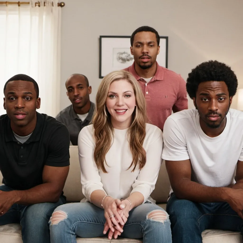 Prompt: 5 black guys standing behind a white woman on a couch 