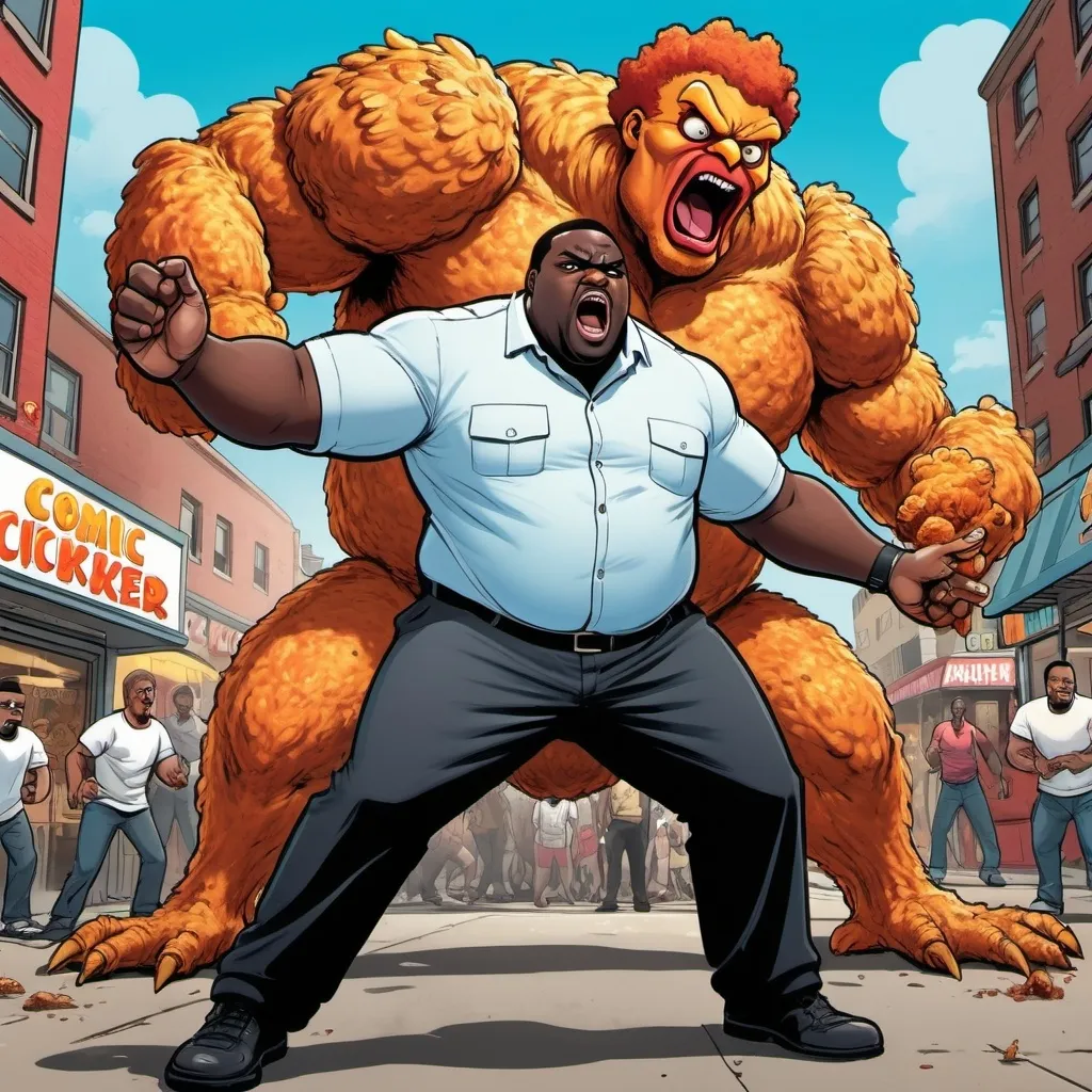 Prompt: Big black man named tyronus beating up a fried chicken monster