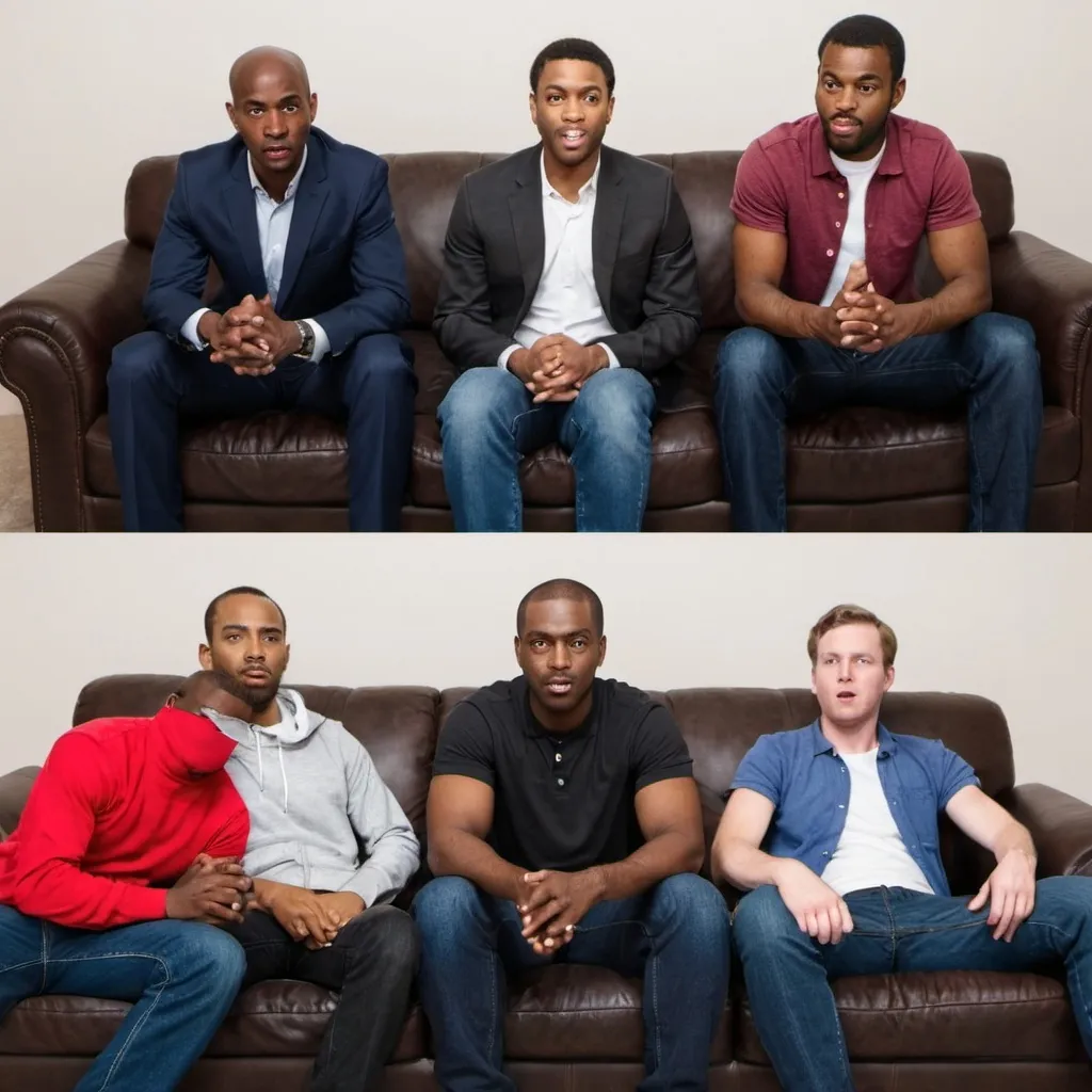 Prompt: 5 black men vs one white guy on a couch 