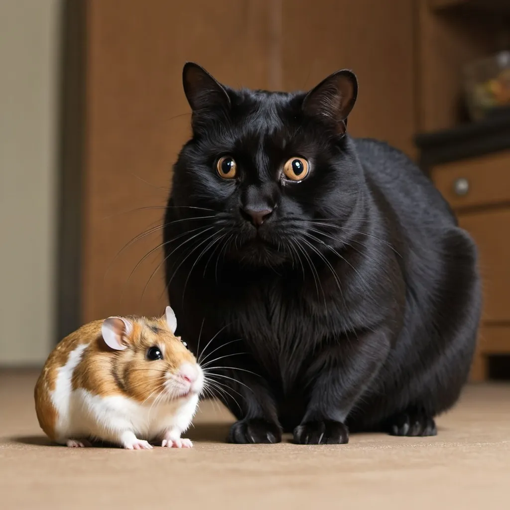 Prompt: big black cat with a buff hamster