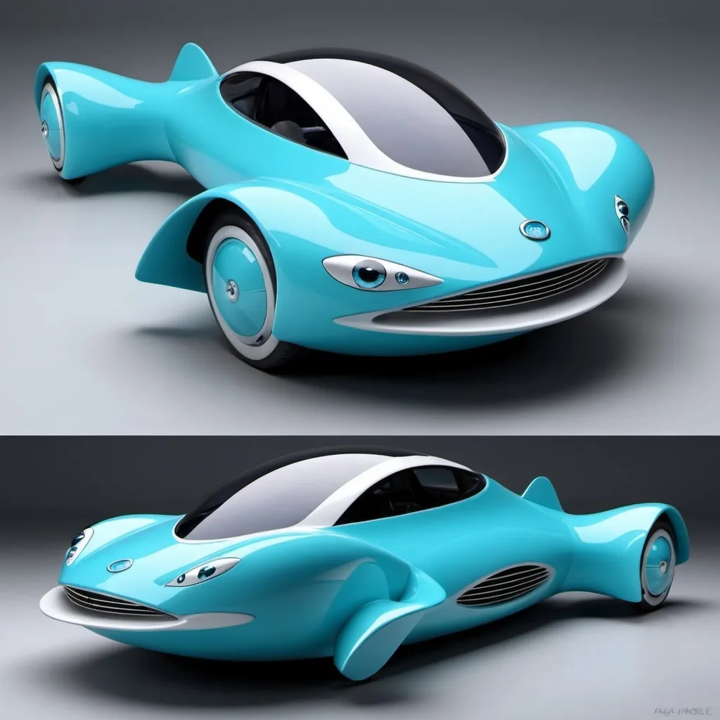 Prompt: Aqua Mobile: A smooth, blue car that can transform into a small boat. It has a sleek, aquatic design with fins on the sides and a wave-like pattern. The headlights resemble fish eyes, and the rear has a small propeller for water navigation.