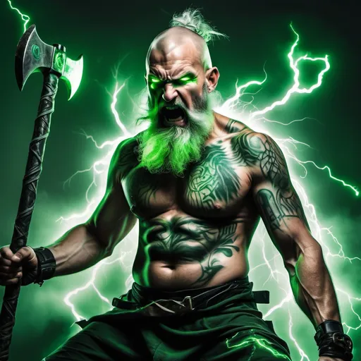 Prompt: A man with two axes covered in green lightning,adorned with glowing tattoos, sporting a long gray beard and a shaved head, in a fit of rage.