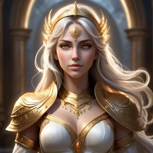 Prompt: Create a photorealistic RPG girl that embodies the concept of "God Hands," symbolizing divine power and grace. She stands tall with a commanding presence, her skin glowing with a soft, ethereal light that highlights her strength and elegance. Her eyes are a deep, mesmerizing gold, radiating wisdom and authority, as if they hold the secrets of the universe.

Her hair is long and flowing, cascading like liquid gold down her back, interwoven with delicate strands of silver and white that catch the light, giving the impression of celestial radiance. She wears a regal outfit that combines elements of fantasy armor and flowing robes; the armor is intricately designed with celestial motifs and glowing runes, symbolizing her divine connection. The robes drape gracefully around her, made of shimmering fabric that appears to shift colors like a dawn sky, transitioning from soft blues to vibrant purples.

Her most striking feature is her hands, which are enhanced with intricate glowing markings that pulse with divine energy. Each finger is adorned with ornate rings that resemble miniature celestial bodies, and her palms emit a gentle light, signifying her ability to wield immense power. She raises one hand, summoning ethereal orbs of light that swirl around her, representing her divine abilities.

In the background, create a breathtaking celestial landscape, filled with radiant stars, swirling galaxies, and a luminous nebula that enhances her divine aura. The sky is a gradient of deep indigo and bright gold, creating a sense of otherworldly beauty. Surround her with shimmering light trails that mimic the motion of divine energy flowing from her hands, conveying the feeling of immense power and grace.

This image should capture the essence of divine strength and benevolence, portraying her as a powerful RPG character with the ability to shape the world with her "God Hands."