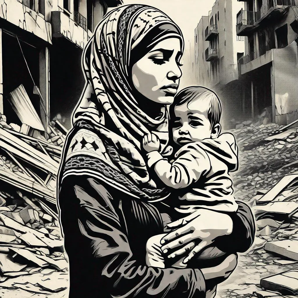 Prompt: A drawing of (a young mother), Arab,  tears on cheeks, wearing Palestinian Keffiyeh, holding crying child, looking straight forward, standing among the rubbles, by SHEPARD FAIREY, BANKSY, centered,  16k, HQ, UHD, poster, black and white, detailed