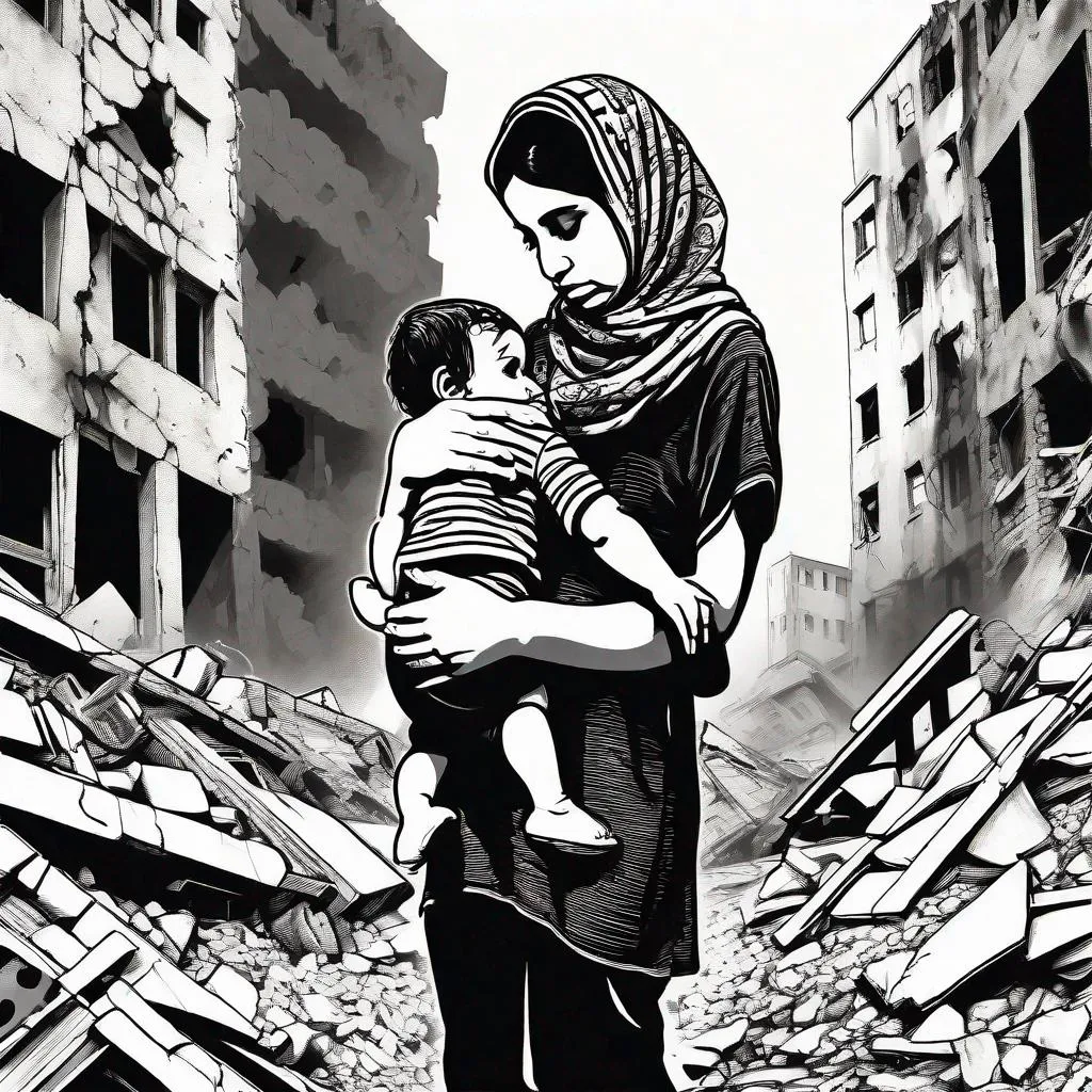 Prompt: A drawing of (a young mother), Arab, sad expression, wearing Palestinian Keffiyeh, looking upwards, holding crying child, standing amongst the rubble, by SHEPARD FAIREY, BANKSY, centered,  16k, HQ, UHD, poster, black and white, detailed