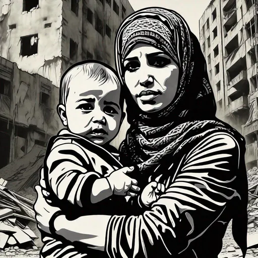 Prompt: A drawing of (a young mother), Arab,  tears on cheeks, wearing Palestinian Keffiyeh, holding crying child, looking straight forward, standing among the rubbles, by SHEPARD FAIREY, BANKSY, centered,  16k, HQ, UHD, poster, black and white, detailed