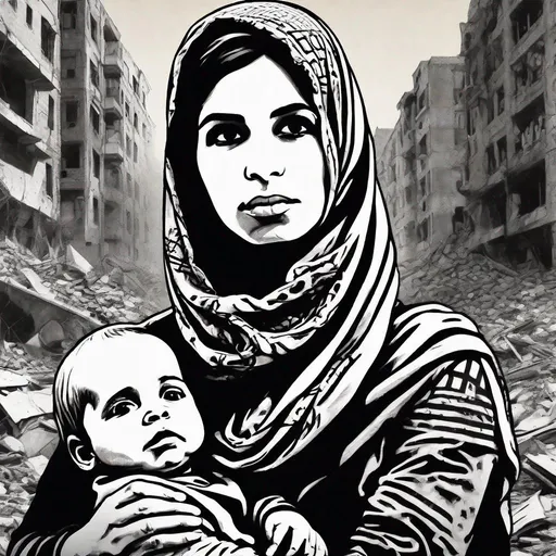 Prompt: A drawing of (a young mother), Arab, wearing Palestinian Keffiyeh, holding dead child, looking upwards , standing  among the rubbles, by SHEPARD FAIREY, BANKSY, centered,  16k, HQ, UHD, poster, black and white, detailed