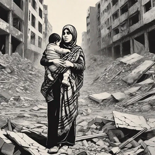 Prompt: A drawing of (a young mother), Arab, wearing Palestinian Keffiyeh, holding dead child, looking upwards , standing  among the rubbles, by SHEPARD FAIREY, BANKSY, centered,  16k, HQ, UHD, poster, black and white, detailed