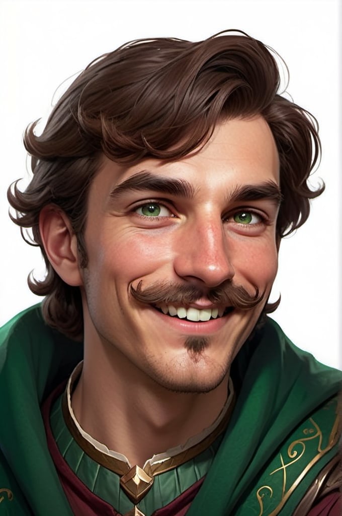 Prompt: Male human noble, brown hair, green eyes, fine moustache, big smile, dungeons and dragons style, beige background, burgundy clothes