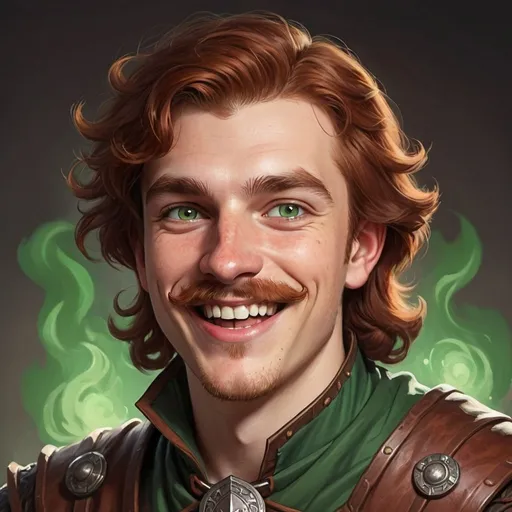 Prompt: a laughing young noble man with reddish brown hair, green eyes and a moustache in dungeons and dragons style