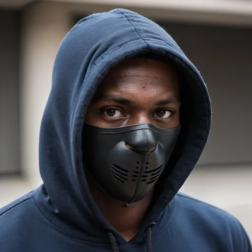 Prompt: A dark blue hooded black guy wearing a black nose mask full picture.