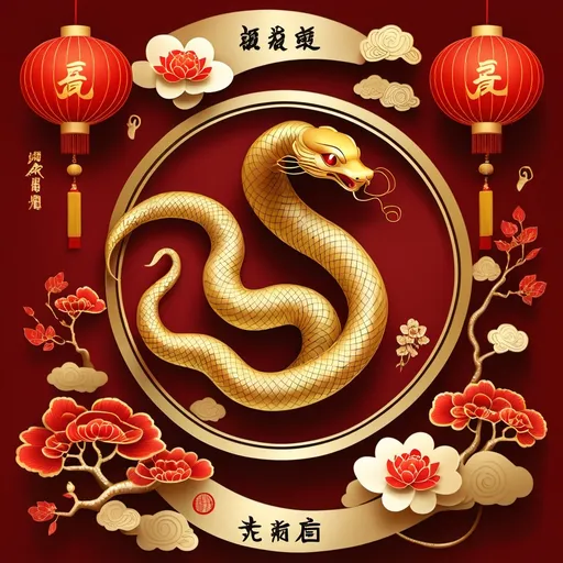 Prompt: Happy Spring Festival 2025 Year of the Snake + chinese motif + chinese lanterns + red and gold + scaled snake 