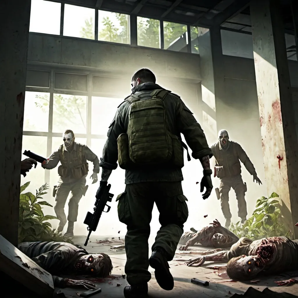 Prompt: Cover for the game: Tarkov with radiation and zombies, which depicts a stalker fighting off zombies