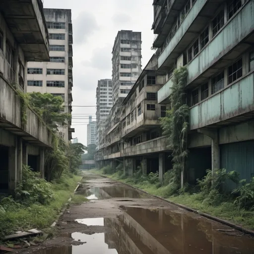 Prompt: 
"Visualize a dystopian future version of Ang Mo Kio Town in Singapore 20 years from now, reflecting a scenario where the area has become largely deserted. The scene should show a once-bustling urban landscape now dominated by empty streets and abandoned buildings. Incorporate futuristic, yet derelict construction projects, with overgrown vegetation and signs of decay. The skyline should feature partially completed high-tech structures and modern infrastructure, but with a sense of neglect and disuse. Use muted colors and an eerie atmosphere to convey the emptiness and the dystopian shift in the town’s environment."