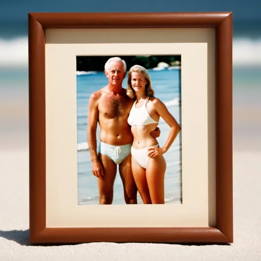 Prompt: Froground: a framed picture of a white man and white women in bathing suit , 1970 style, 18 year old. Background ,. out of focus, a 65 year old white couple, seen on their backs.