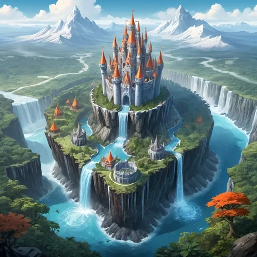 Prompt: Fantasy world from above
Floating white castle in the center
Jungle kingdom on the center right
Waterfall kingdom on the bottom right
Magma kingdom on the bottom left
Frozen kingdom on the center left
Mountains and forest in the background
Fantasy illustration