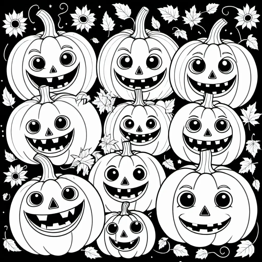 Prompt: Generate a coloring book featuring A cute  group of pumpkins with different spooky and funny faces.