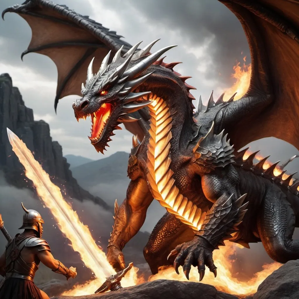 Prompt: a realistic  dragon with wings blowing fire facing a 5  spartan men warrior  with thunder lighting sword sword closer look

