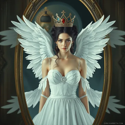 Prompt: A woman in a white dress with wings and a crown on her head in a mirror with a reflection of herself in it and a mirror behind her, Dirk Krabbeth, Gothic art, wings, photorealistic painting