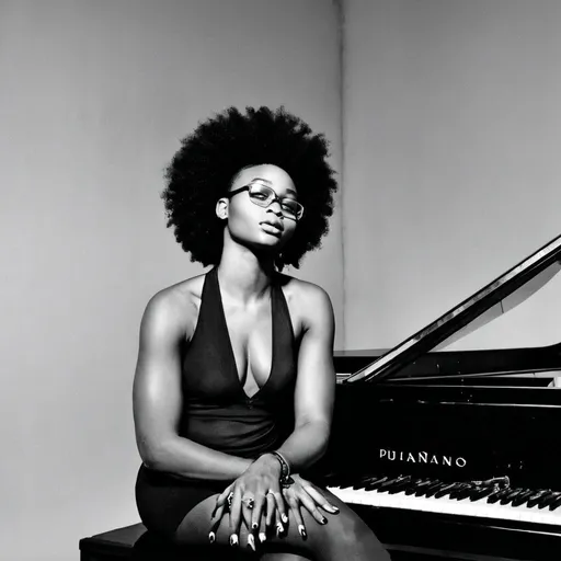 Prompt: Une femme noire assise devant un piano