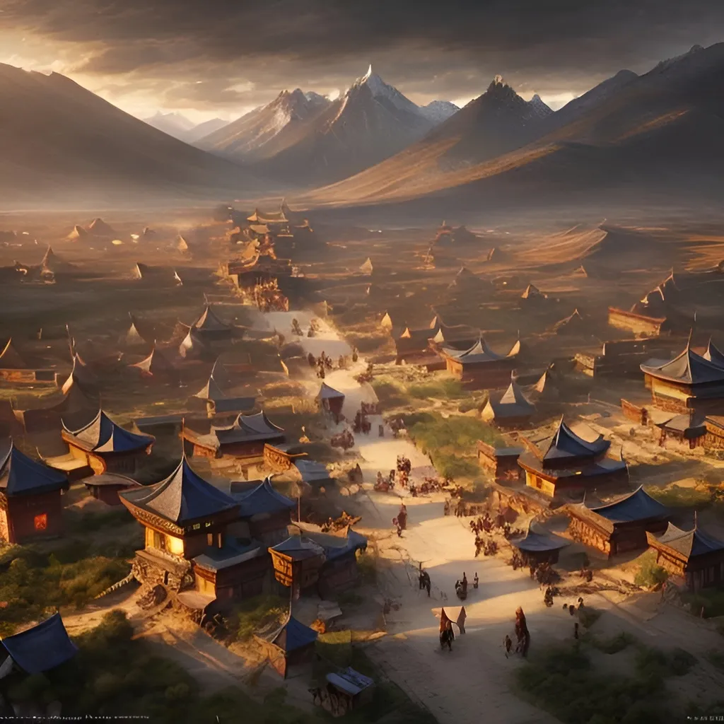 Prompt: beautiful mongolian village with a royal palace and wooden fortifications, digital art, landscape, fantasy art, octane render, ureal engine, high detail, very realistic, by greg rutkowski. by james gurney