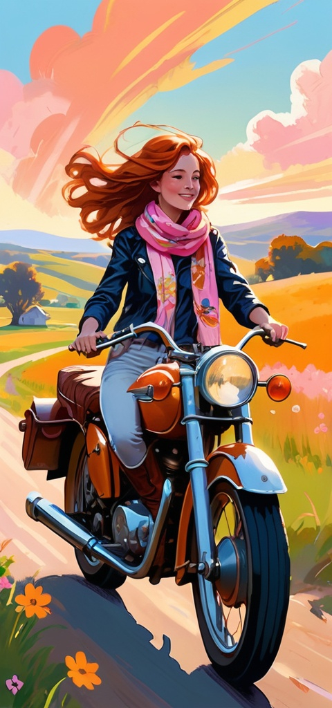 Prompt: 2d studio ghibli anime style, girl on motorcycle, anime scene