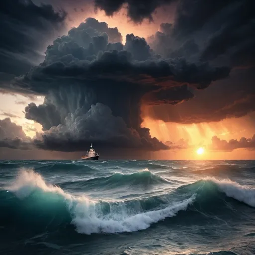 Prompt: Create a storm at sea and in the background show a sunset 