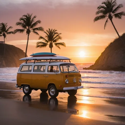 Prompt: Surf wagon driving to the beach during sunset 