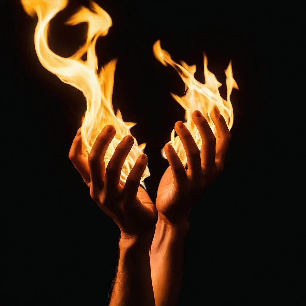 Prompt: ONE human hand grabbing hold of a large flame of fire against a black background