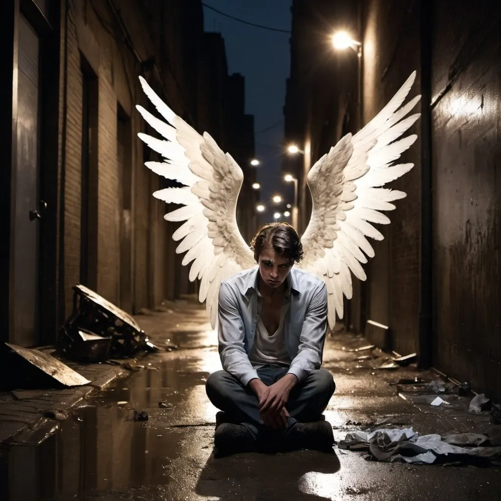 Prompt: fallen male angel with broken wings sitting in a dirty alleyway at night under street lights
