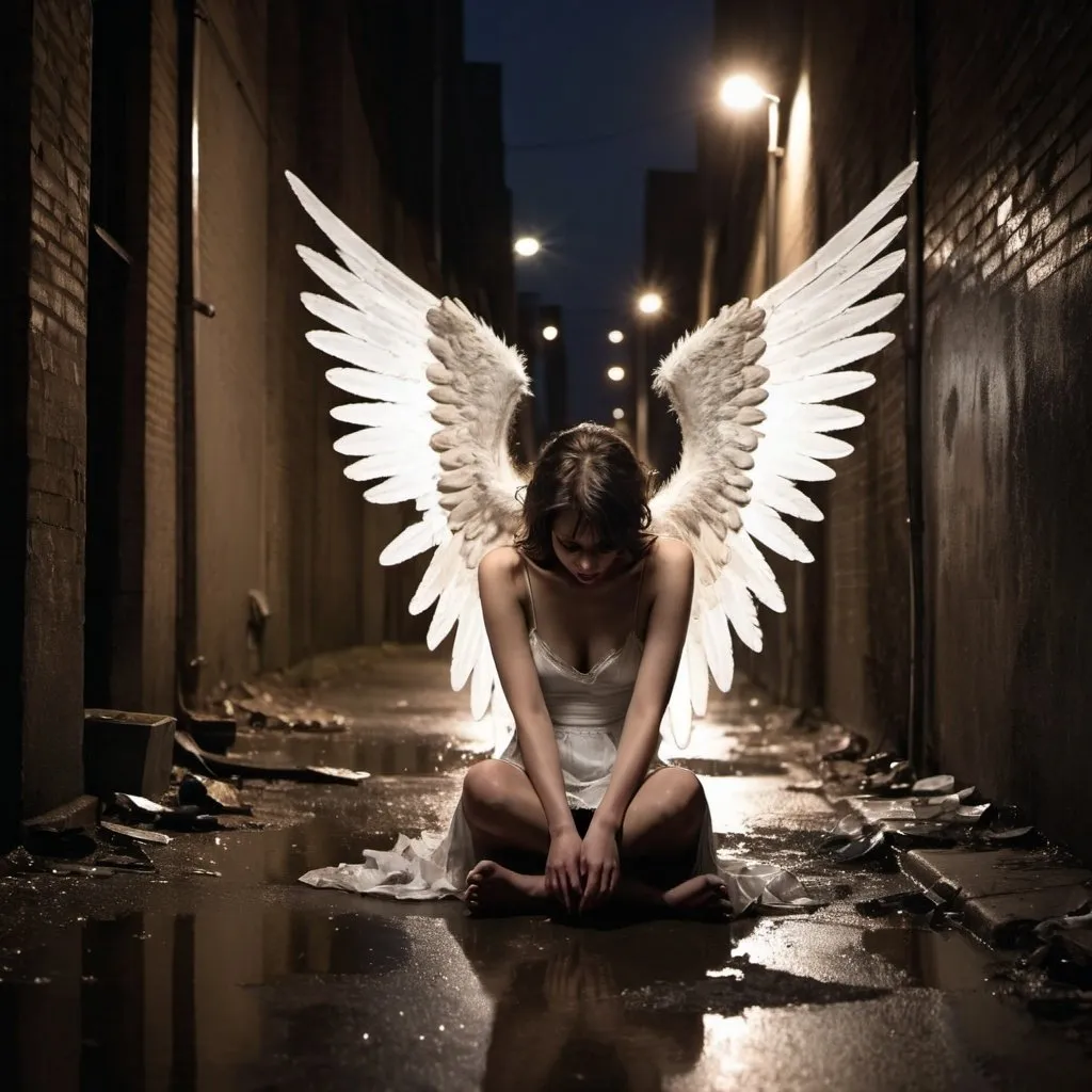 Prompt: fallen angel with broken wings sitting in a dirty alleyway at night under street lights
