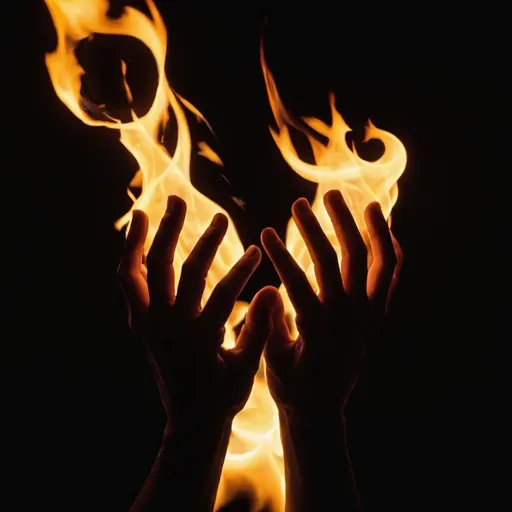 Prompt: silhouetter of human hand capturing fire against a black background