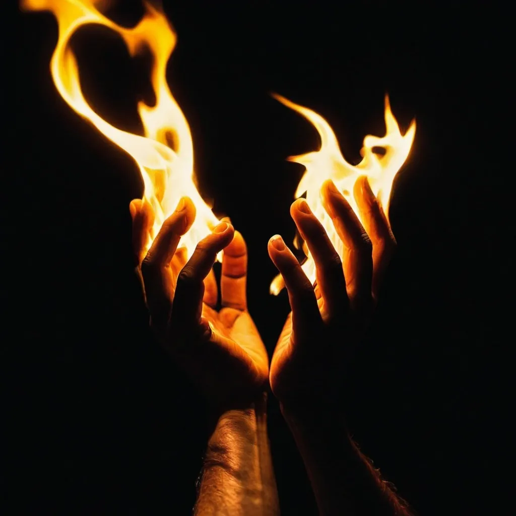 Prompt: silhouetter of human hand gripping hold of fire against a black background