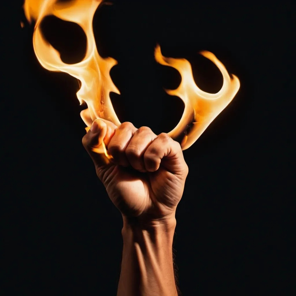 Prompt: A human hand punching through a flame of fire against a black background