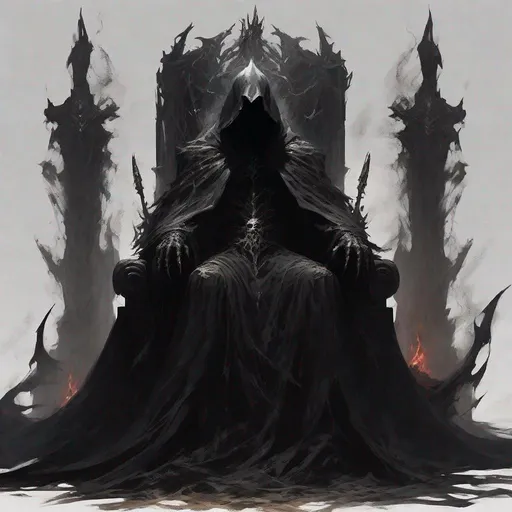 Prompt: The Dark Lord sitting on a throne, a figure of immense power and darkness, shrouded in a cloak of impenetrable darkness, fluttering in the wind like a living being, his face veiled in deep shadows, eyes glowing like hot coals, hands covered in long, dark robes, holding a scepter forged from the darkest ore of the shadowlands, adorned with ominous symbols, a chain of dark jewels around his neck shimmering like starlight in the cave's glowing crystals, exuding an aura of indescribable power and insatiable greed for darkness and corruption.