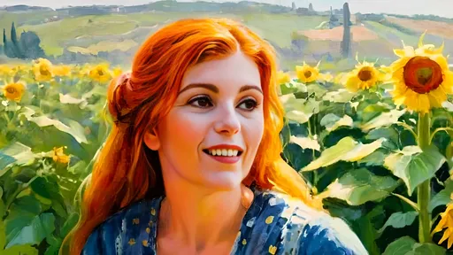 Prompt: An exquisite impressionist painting by Camille Pissarro, depicting a woman with red hair and a detailed blue dress standing amidst a lush field of sunflowers. The sunlight filters through the golden flowers, casting a warm glow on the scene. The subject has her arms outstretched,  with her hair flowing in the breeze. Pissarro's signature pointillism and broken brushwork technique is evident, adding depth and texture to the painting. The overall atmosphere is serene and inviting, capturing the essence of a beautiful late 19th-century summer day., painting