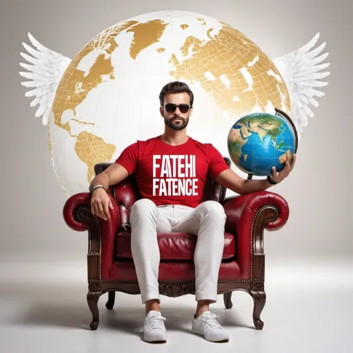 Prompt: Create a realistic image of a handsome man in a red white shirt sitting on a wingback chair. He is holding a globe with the image of artificial intelligence on it, wearing sneakers and sunglasses, looking forward. Background image of the sentence "FATEH" written in large golden 3D fonts on a white wall