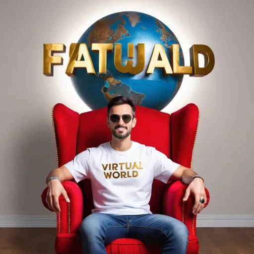 Prompt: Create a realistic image of a handsome man in a red white shirt sitting on a wingback chair. He is holding a globe between his hands like a wizard while looking ahead at the globe with the words "virtual world" written in 3D gold font on the globe wearing sneakers and sunglasses. . The background of the image and on the wall behind him the words "FATEH" in large gold 3D fonts on a white wall and the Instagram logo and home page with a profile picture.