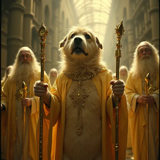 Prompt: A dog HUGE facial tendrils with a human body, wearing priest robes, holding scepters, clad all in gold, meeting god, modern documentary photography, medium format film, analog