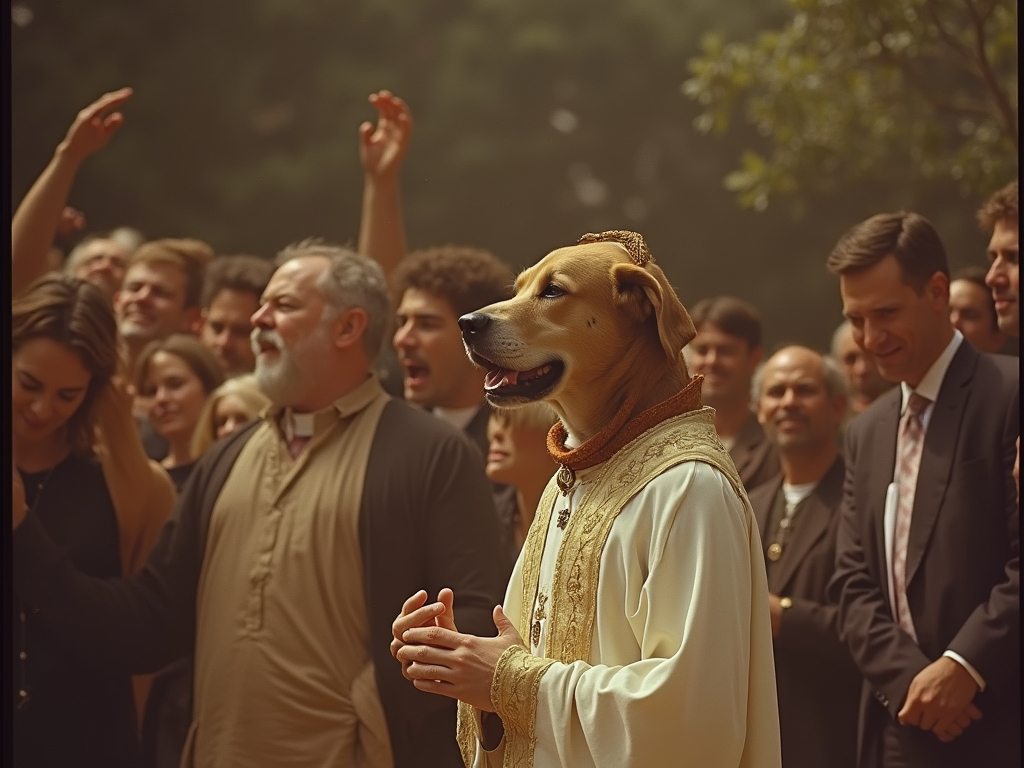 Prompt:  1990s camcorder footage of a congregation being led by a dog priest with a human body, grainy, vhs, the congregation in in exaltation and someone is being baptized in the back ground