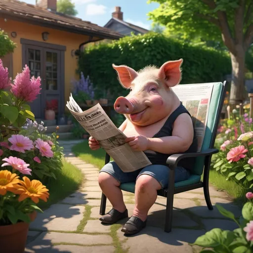 Prompt: Wild pig meeting a newspaper reader, (lush garden), (vibrant colors), detailed foliage, warm sunlight pouring through, cozy atmosphere, contrasting elements of nature and daily life, curious expression on pig's face, reader sitting comfortably in a jardin chair, surrounded by blooming flowers, (4K, ultra-detailed, realistic)