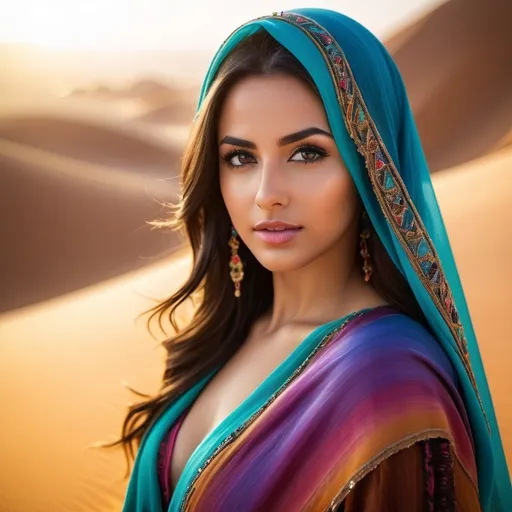 Prompt: Arabian young woman with colorful veils, loose hair, holding a scimitar, desert setting, vibrant colors, detailed fabric, intense expression, high quality, realistic, desert, scimitar, colorful veils, loose hair, vibrant, detailed, professional painting, warm lighting, RAW photo, (high detailed skin:1.2), 8k uhd, dslr, soft lighting, high quality, film grain, Fujifilm XT3, photorealistic image